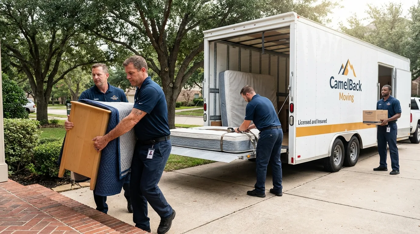 Crew loading residential truck for cross-state move from Waskom, TX
