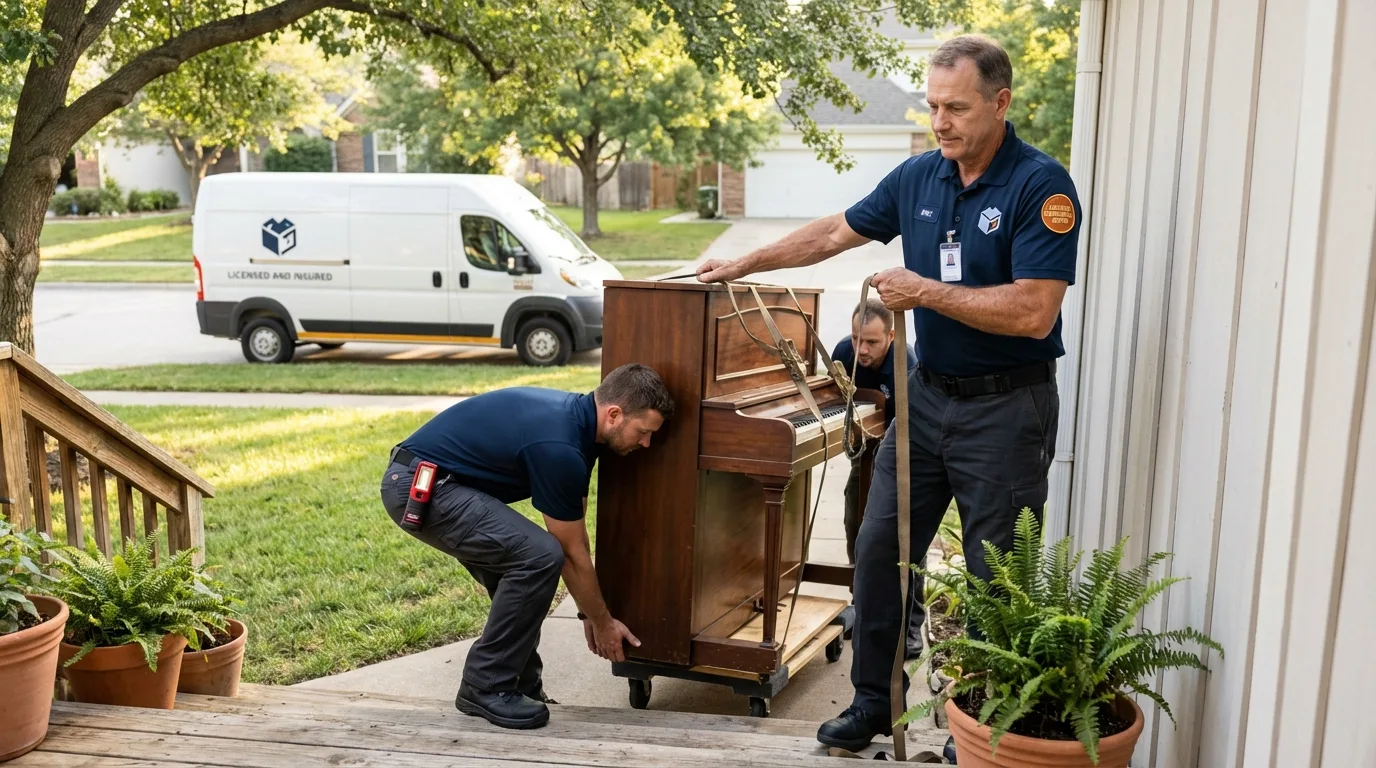 Licensed piano movers securing grand piano in Waskom, TX