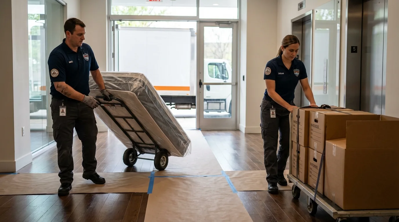 Professional apartment movers loading elevator in Waskom, TX