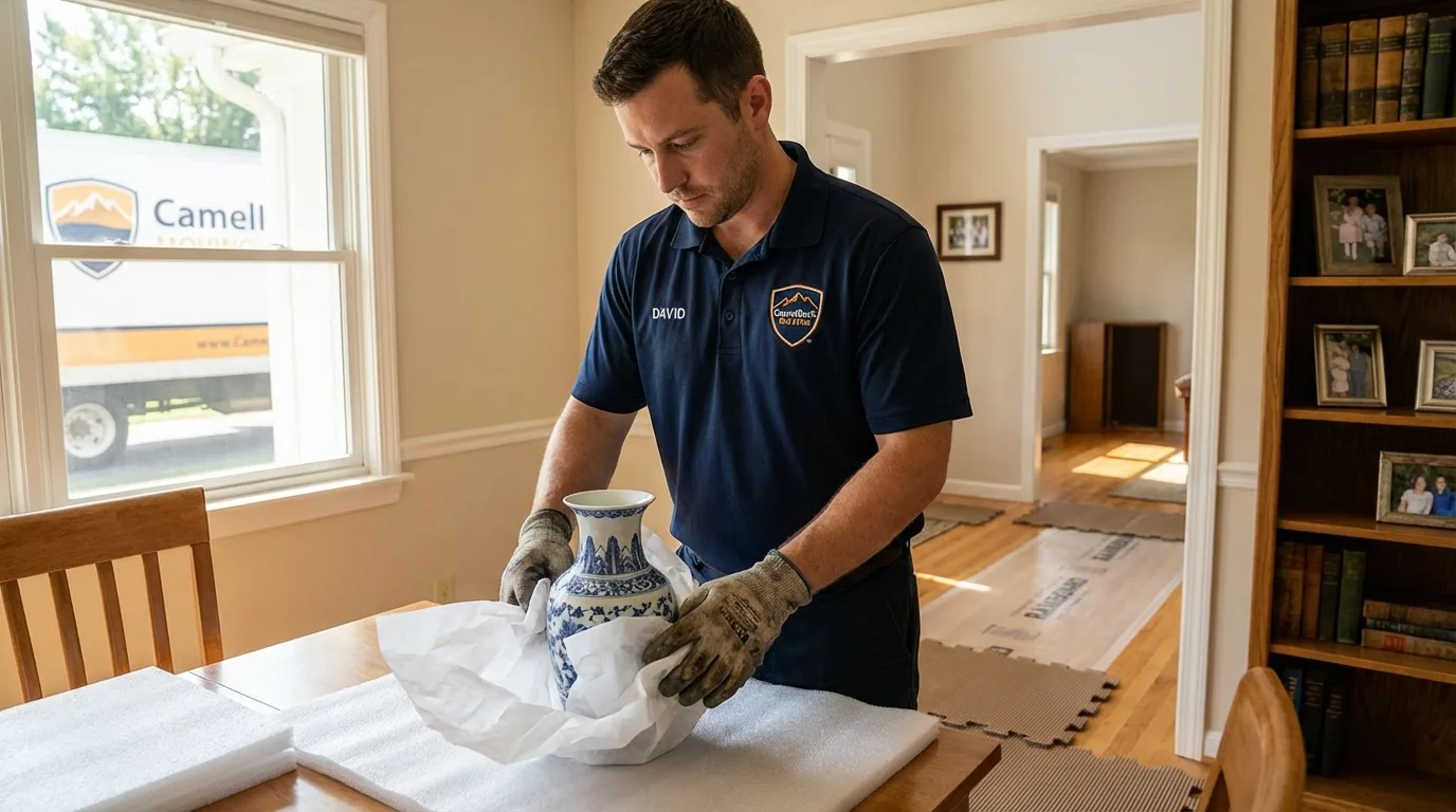 Professional crew carefully wrapping antique vase for senior downsizing move in Waskom, TX
